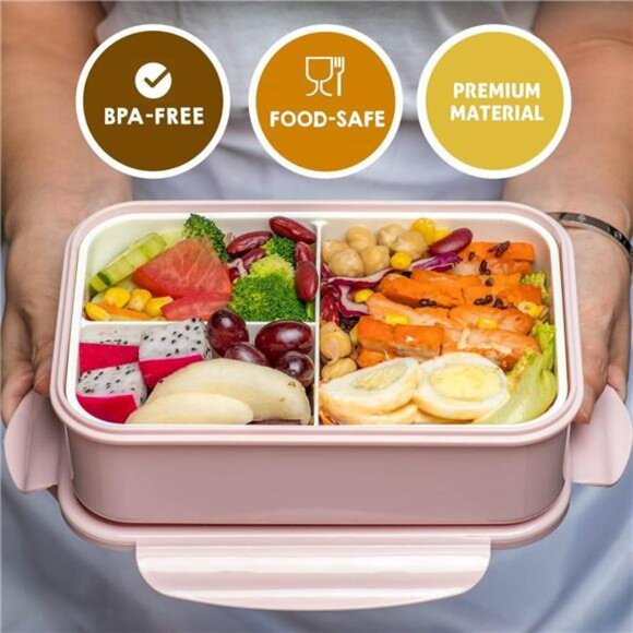 Bento Lunch Box 3 Compartment Meal Prep Container with Fork Spoon BPA Free - Picture 3 of 7